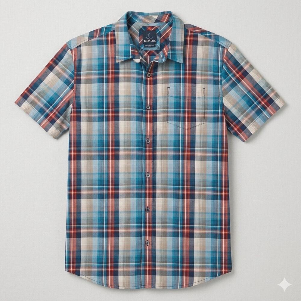 Prana Men's Short Sleeve Button Down Blue Coral XLarge